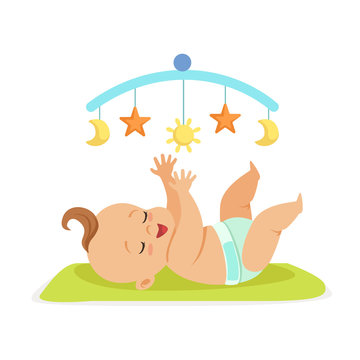 Cute happy naked baby in a diaper lying in bed and having fun with toy carousel, colorful cartoon character vector Illustration