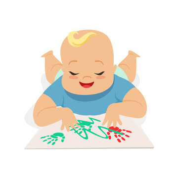 Cute happy baby boy painting by hands, colorful cartoon character vector Illustration
