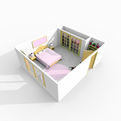 3d interior rendering of furnished queen size bedroom