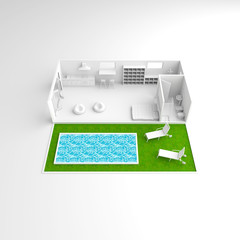 Obraz premium 3d interior rendering of furnished bungalow apartment
