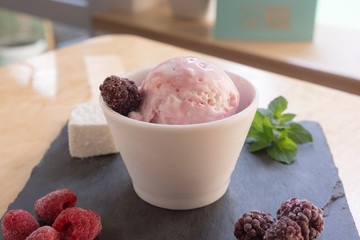 The ice cream with berries marshmallow and mint on the slate
