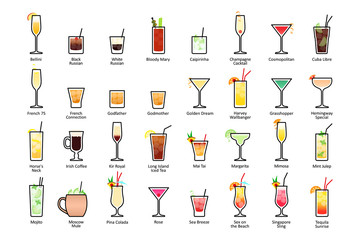 Alcoholic cocktails with titles. IBA official cocktails, Contemporary Classics. Icons set in flat style - obrazy, fototapety, plakaty