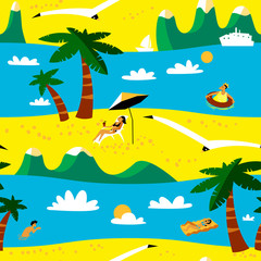 Fototapeta na wymiar Summer beach seamless pattern. Tropical background with beach activity cute people