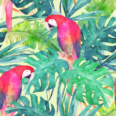 Summer seamless pattern with watercolor parrot, palm leaves. Colorful illustration