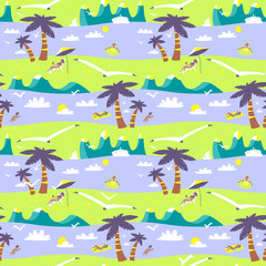 Summer beach seamless pattern. Idyllic sea landscape with mountains and palms