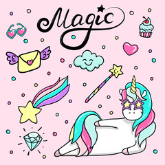 Set of hand drawn illustration of a magic unicorn, wand, heart-sunglasses, diamond and other magic attributes