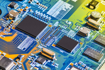 Electronic circuit board close up.