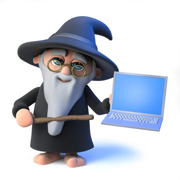 3d Funny cartoon wizard magician waves his magic wand at a laptop pc device