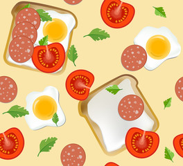 Seamless pattern with traditional Breakfast toast. Bread, sausage, tomatoes, fried egg on a beige background. Vector illustration