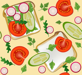 Seamless pattern with traditional Breakfast toast. Bread, cucumbers, tomatoes, radishes on a beige background. Vector illustration