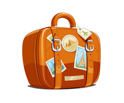 Suitcase for travel with stickers. Touristic baggage. Vintage