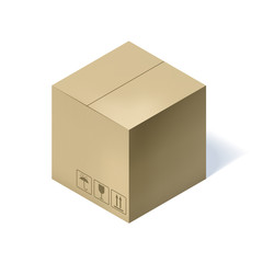 Isometric cardboard box isolated on white.