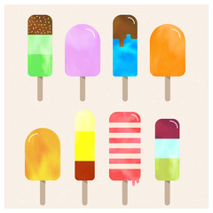 
Vector illustration with collection of colorful popsicles in retro style. Different tastes and pastel colors with watercolor texture on worn out paper background.