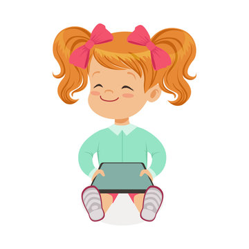 Little girl sitting and playing with digital tablet. Child and modern technology colorful cartoon character vector Illustration