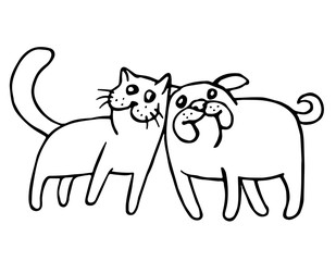 Funny cat and dog. Isolated vector illustration.