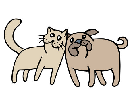 Cute cat and dog friendship. Vector illustration.