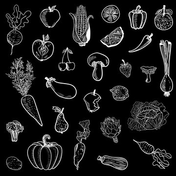 VECTOR set of hand drawn vegetables and fruits on black background