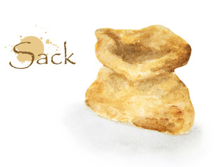 Watercolor painting of open small sack on white background
