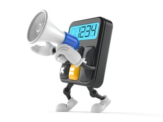 Calculator character speaking through a megaphone