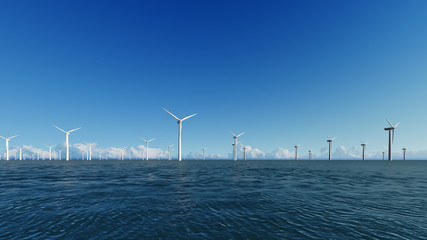 Wind Turbines on blue sea 3D render
