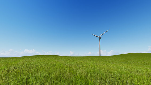 Wind Turbines on green grass 3D render