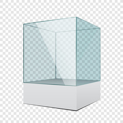 3d empty transparent glass showcase with podium on simple background