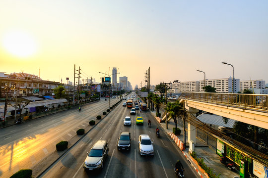 View of Traffic jam at dusk in Klong Toey Road, Klong Toey district, Bangkok, Thailand.