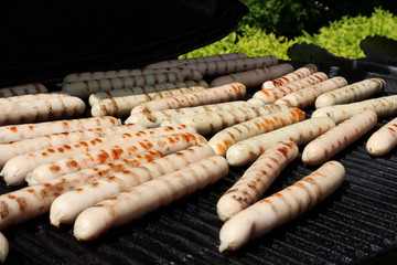 Grilled sausages on outdoor grill. 