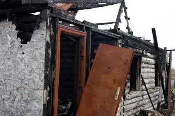 Destroyed burned wooden house outside