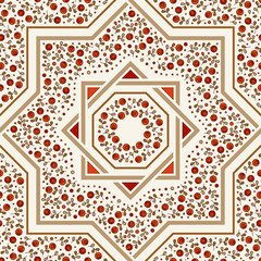 Patterned floor tile. Moroccan pattern design. Eight-ray star. Seamless vector pattern. Vector illustration. Moorish mosaic in golden and red. Small flowers in octagon star shape.