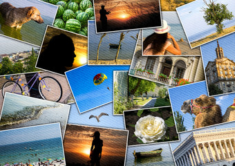 Mosaic collage mix travel in summer 2015 with pictures of different places, landscapes and objects...