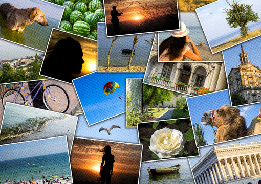 Mosaic collage mix travel in summer 2015 with pictures of different places, landscapes and objects shot by myself filtered