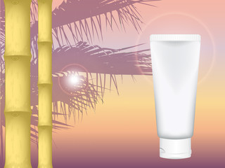 realistic vector cosmetic tube for cream on a background of palm and South of sunset. mock up template