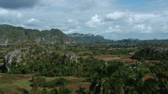 Elevated static view of Vinales Valley National Park in Cuba. Taken during sunny windy day