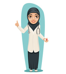 Cute Arab Doctor with Pill Medicine in Hand Forefinger up Advice Preaching Admonition Female Girl Character Isolated Icon Medic Retro Cartoon Design Vector Illustration