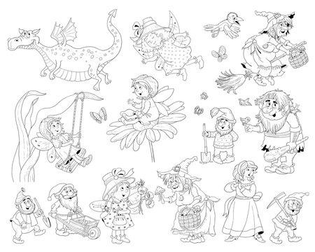 Fairy tale. Coloring book. Coloring page. Illustration for children. Funny cartoon characters