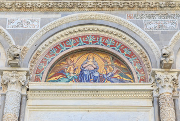 Mosaic of Giuseppe Modena da Lucca - Blessed Mary, above middle door of Cathedral in Pisa, Tuscany, Italy