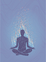 Concept of meditation, enlightenment. Human sitting in a lotus pose. Vertical hand drawn colorful illustration.