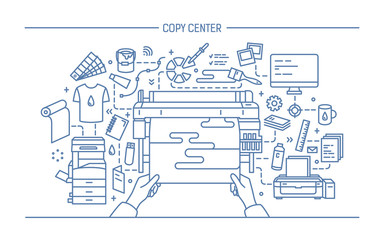 Concept of copy center, print shop, publishing. Horizontal banner with printer, monitor, scanner, different equipment. Black and white vector illustration in lineart style.