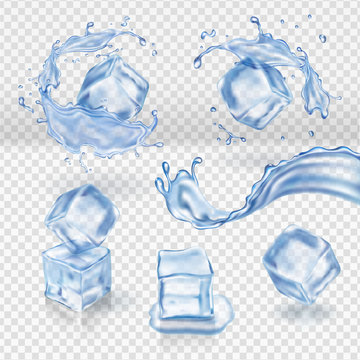 Transparent vector water splash and ice cubes realistic, 3d vector set