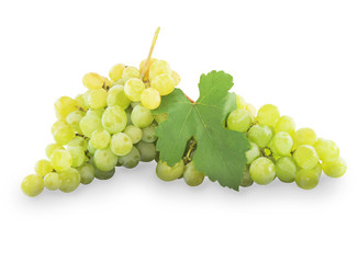 Fresh green grapes with leaves. Isolated on white