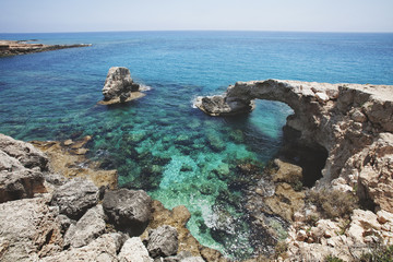 Love rock bridge. Cavo greco cape. Cyprus. Mediterranean sea landscape
