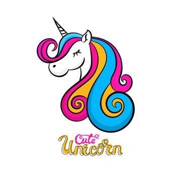 Vector cute unicorn  icon isolated, cartoon, illustration. Head portrait horse sticker, print a child's T-shirt, hand drawing of the lettering.