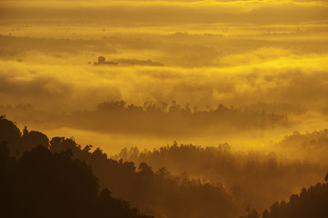 Mountain range in fog