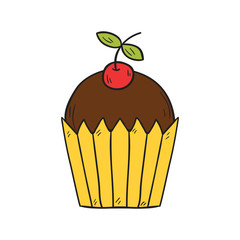 Vector hand drawn cartoon chocolate muffin with cherry