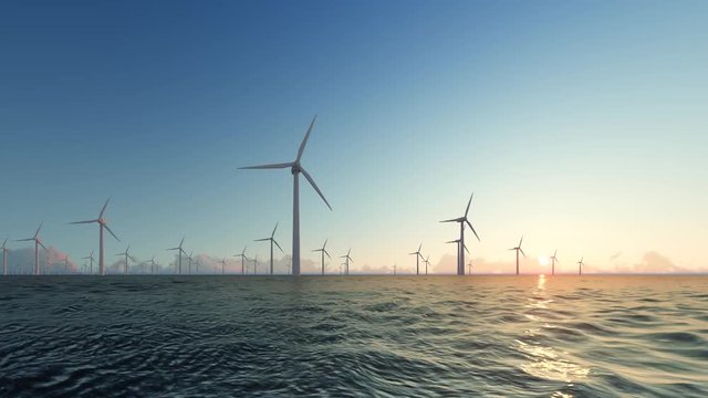 Sunset wind generators of electricity on water