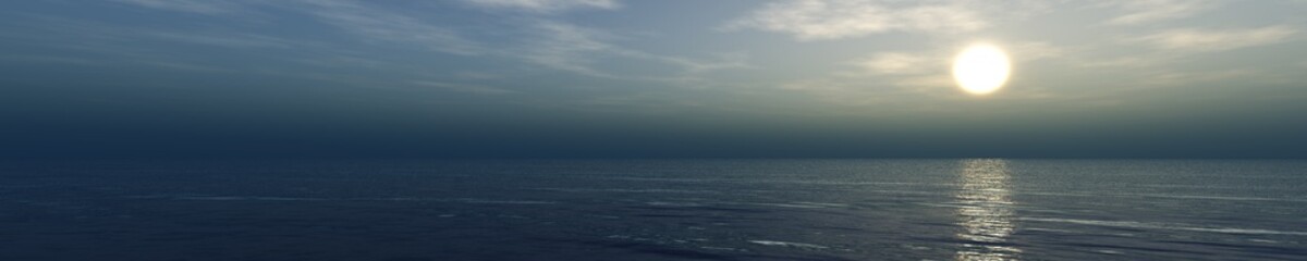 Beautiful sea sunset, ocean sunrise, light above water, 3d rendering
