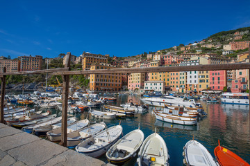 Fototapeta na wymiar CAMOGLI, ITALY, MAY 23, 2017 - View of city of Camogli , Genoa Province, Liguria, Mediterranean coast, Italy