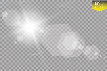 Vector transparent sunlight special lens flare light effect. Sun flash with rays and spotlight
