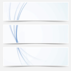 Blue abstract swoosh wave line web headers collection. Halftone graphic shadow cards set